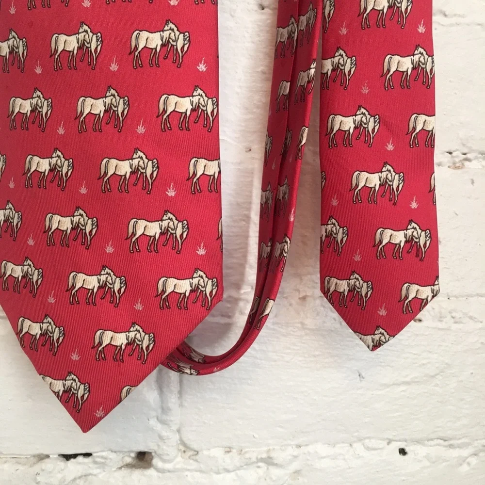 Hermes silk horse print necktie dark pink equestrian